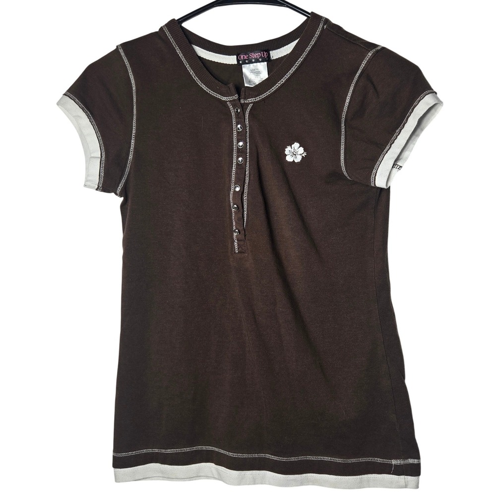 One‎ Step Up Girls Brown Hibiscus Henley Baby Tee Large Y2K McBling Surf Coconut